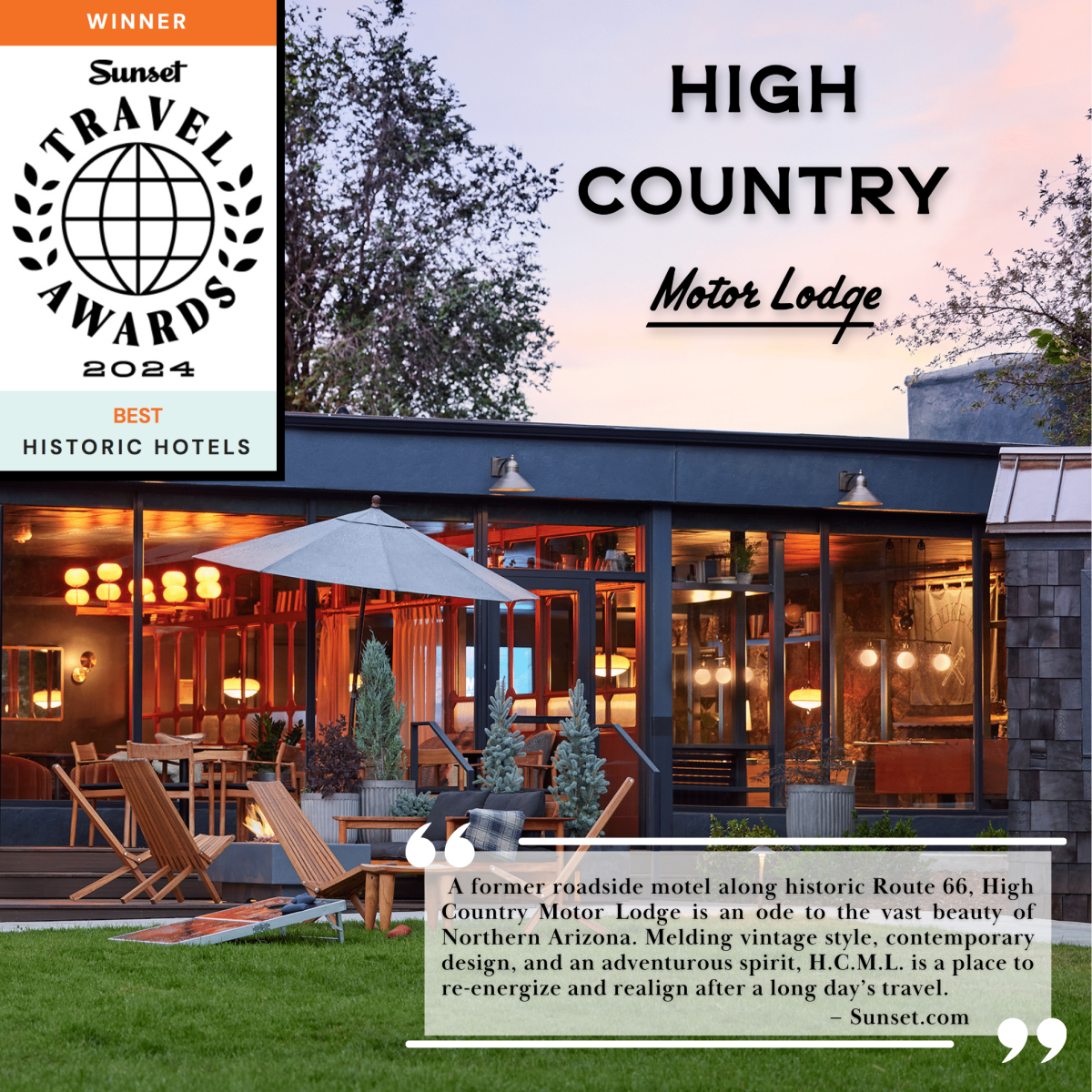 A former roadside motel along historic Route 66, High Country Motor Lodge is an ode to the vast beauty of Northern Arizona. Melding vintage style, contemporary design, and an adventurous spirit, H(1)